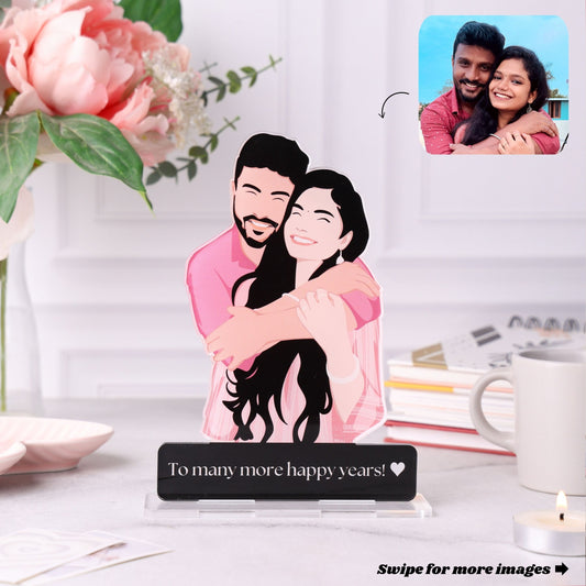 Personalised couple illustration standee from photo with custom caricature and engraved anniversary message perfect for romantic gifts and wedding anniversaries.